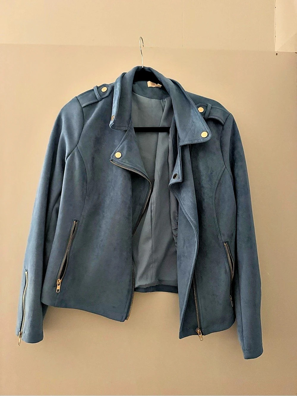 Solitaire Signature Faux Suede Moto Jacket Blue Medium
